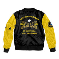 Black bomber jacket with yellow sleeves, back Buffalo Soldiers text, star and crossed rifles