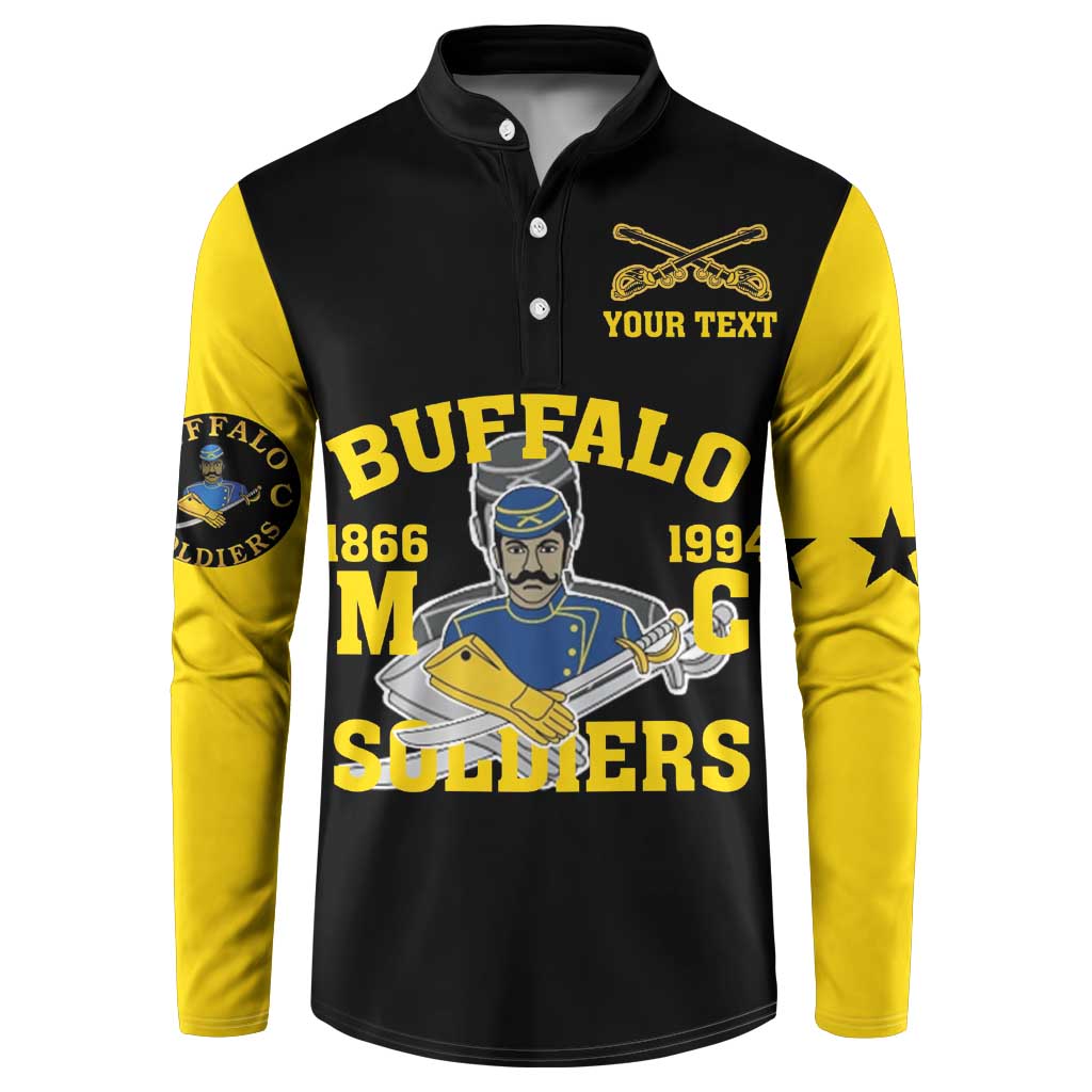 Black and yellow graphic henley button sweatshirt with Your Text and Buffalo Soldiers front