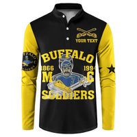 Black and yellow graphic henley button sweatshirt with Your Text and Buffalo Soldiers front