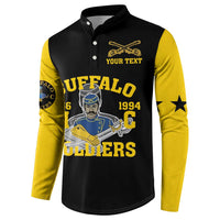 Black and yellow graphic henley button sweatshirt with Buffalo Soldiers front emblem