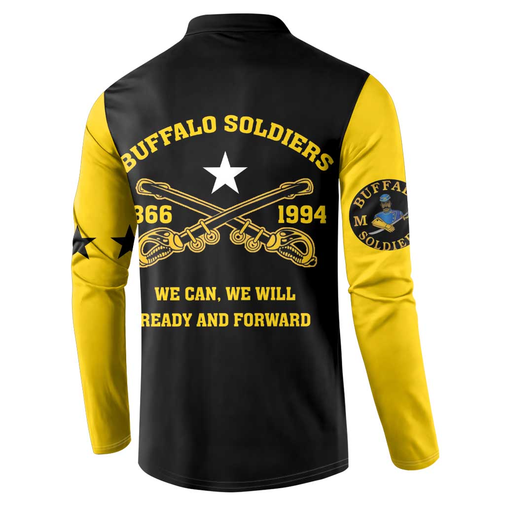 Black and yellow graphic henley button sweatshirt with Buffalo Soldiers back text and star
