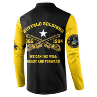 Black and yellow graphic henley button sweatshirt with Buffalo Soldiers back text and star