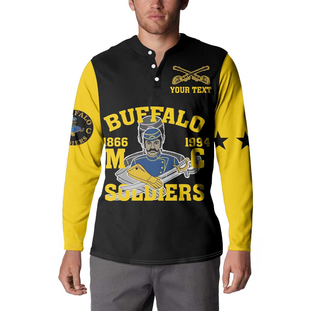 Black and yellow henley button sweatshirt on model with Buffalo Soldiers graphic and face