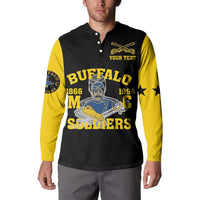 Black and yellow henley button sweatshirt on model with Buffalo Soldiers graphic and face