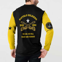 Black and yellow henley button sweatshirt on model with Buffalo Soldiers crossed trumpet back