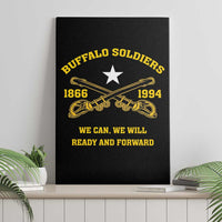 Black canvas wall art with gold Buffalo Soldiers crest, star, crossed rifles, 1866–1994.