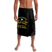 Black personalized lavalava sarong skirt with round emblem and slogan print