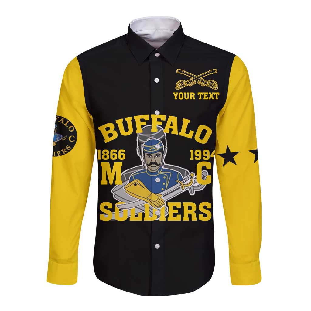 Black long-sleeve button shirt with yellow sleeves and Buffalo Soldiers graphic front