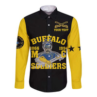 Black long-sleeve button shirt with yellow sleeves and Buffalo Soldiers graphic front