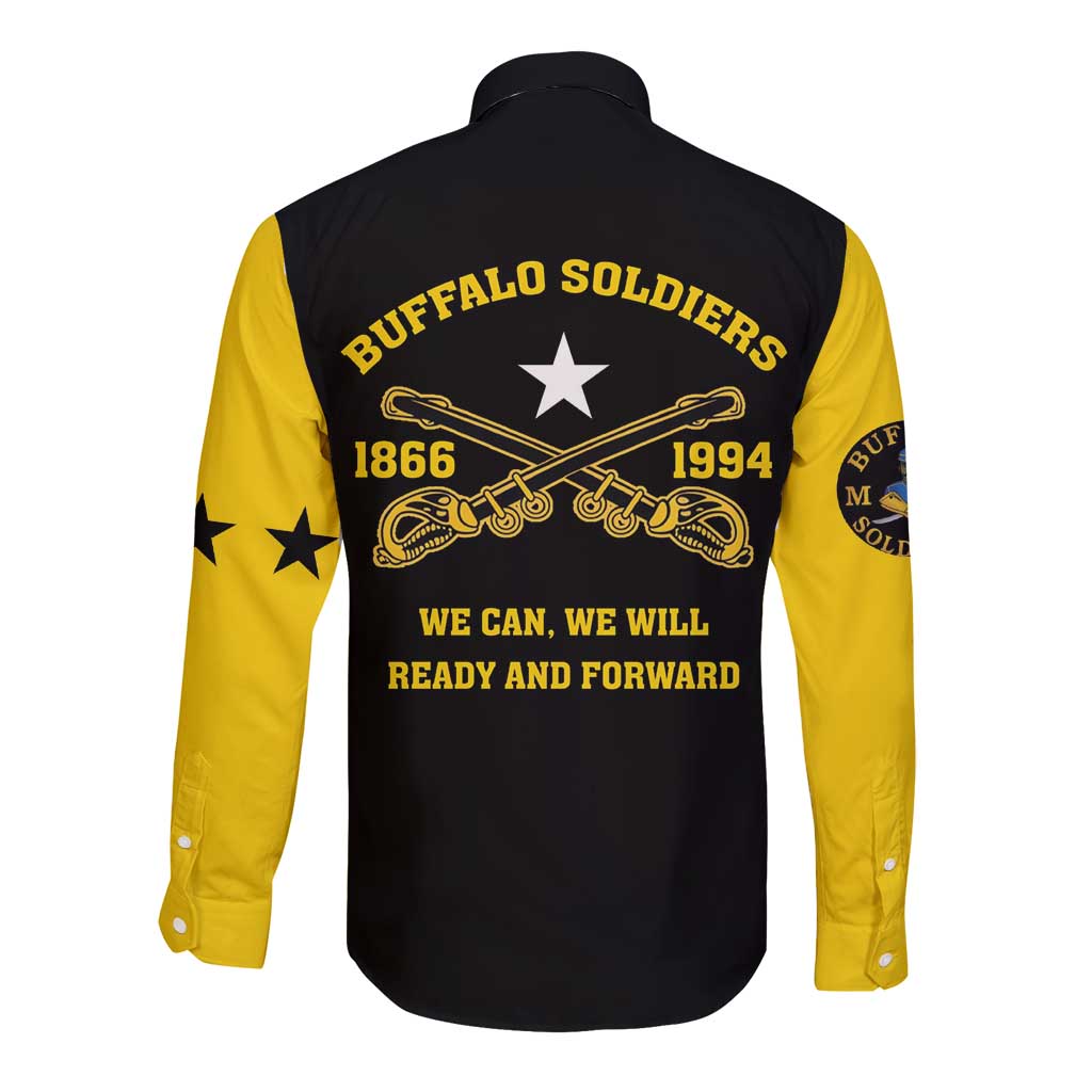 Black long-sleeve button shirt with yellow sleeves and back print with slogan and stars