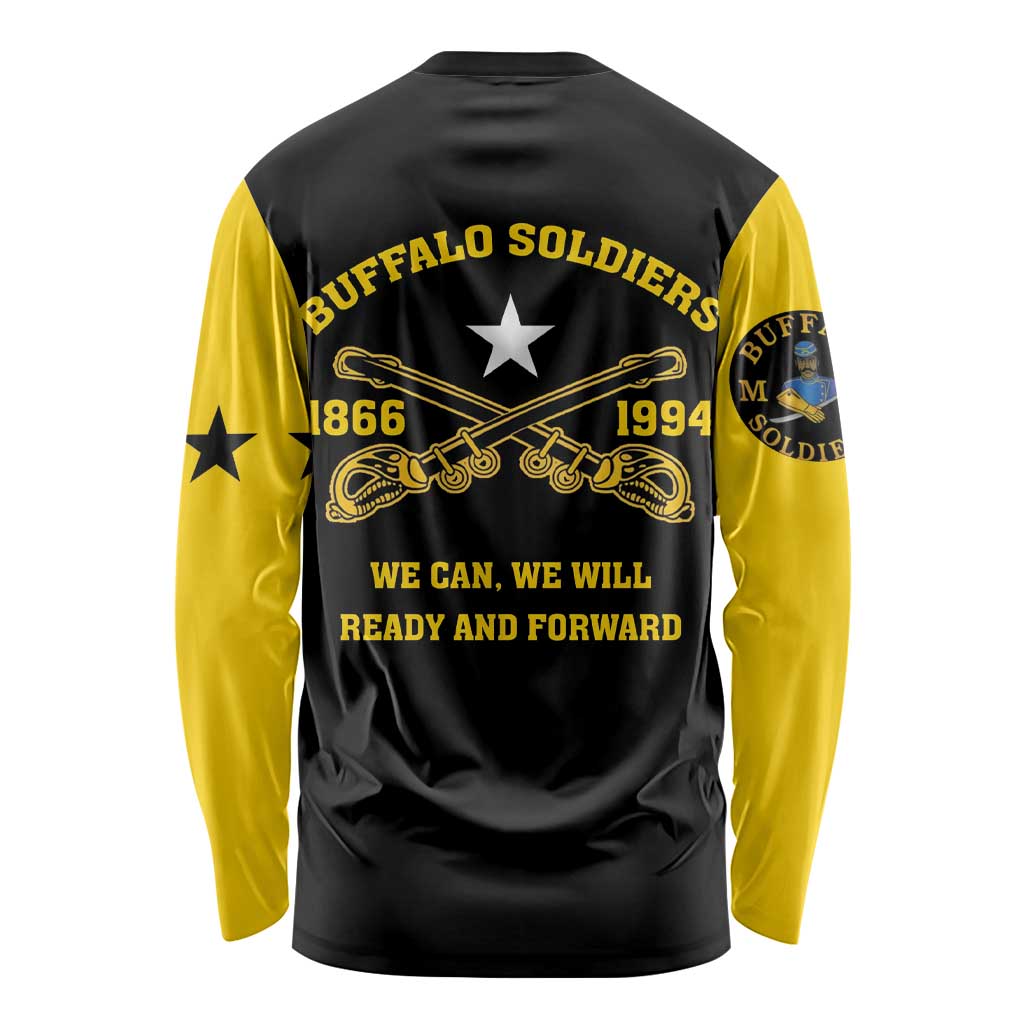 Black long-sleeve shirt, yellow back print with star and motto, unisex fit