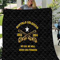 Black quilt with quilted diamond texture and Buffalo Soldiers emblem, 1866 and 1994