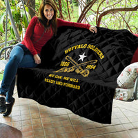 Black quilt with Buffalo Soldiers emblem, crossed guitars, and yellow 'We can, we will'