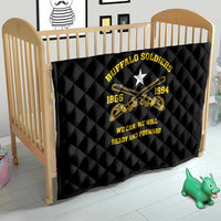 Black quilt with Buffalo Soldiers emblem, 1866 and 1994, on wooden baby bed