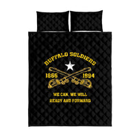 Black quilt bed set with two matching pillow shams and central gold Buffalo Soldiers crest