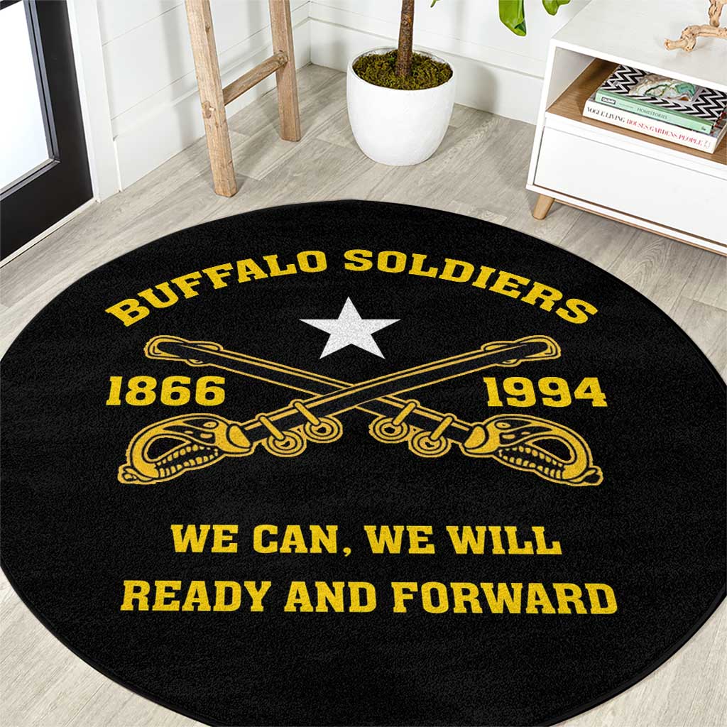 Black round decorative carpet with gold text Buffalo Soldiers 1866 1994 and star