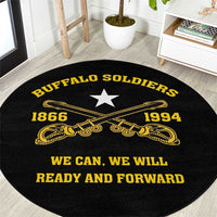 Black round decorative carpet with gold text Buffalo Soldiers 1866 1994 and star
