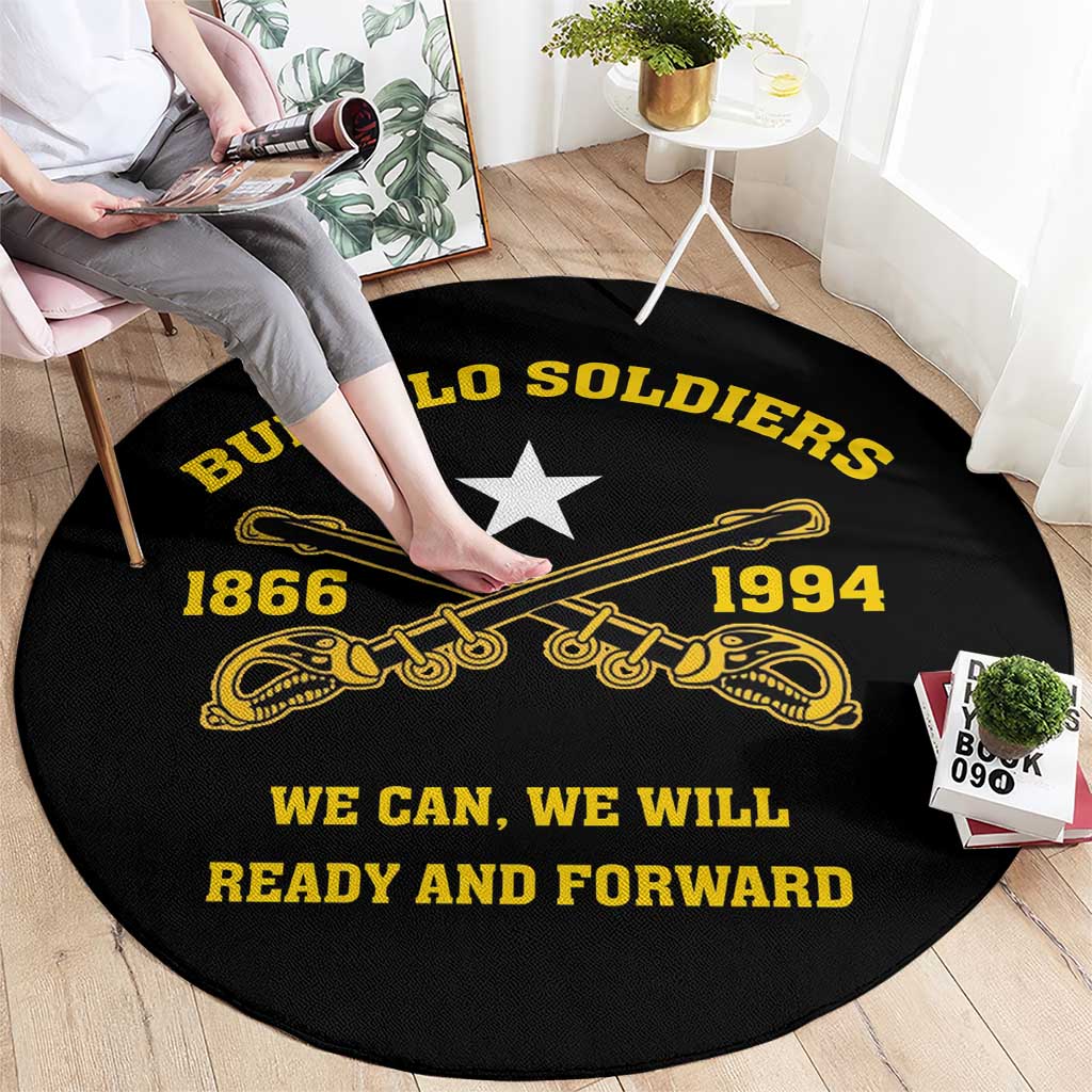 Black round carpet with gold Buffalo Soldiers 1866–1994 crossed rifles and slogan