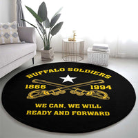 Black round carpet with gold Buffalo Soldiers 1866 1994, crossed rifles, star