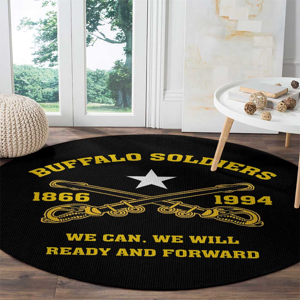 Black round carpet with gold Buffalo Soldiers banner, central star, 1866–1994