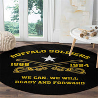 Black round carpet with gold Buffalo Soldiers banner, central star, 1866–1994