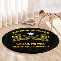 Black round carpet with gold We Can We Will Ready and Forward and central star