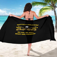 Black sarong wrap showing yellow back graphic: star, trumpet, and READY AND FORWARD
