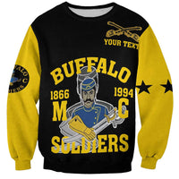 Black and yellow crewneck sweatshirt with Buffalo soldier graphic and text on front.