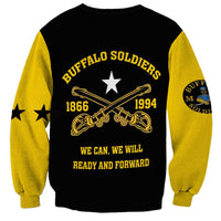 Black and yellow crewneck sweatshirt with back star, crossed guns, and soldier text.