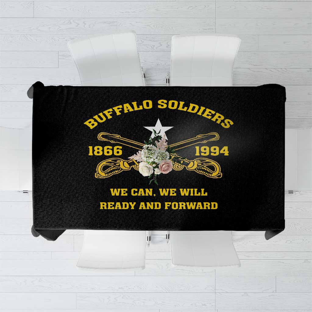 Black tablecloth featuring bold yellow “Buffalo Soldiers” and slogan text