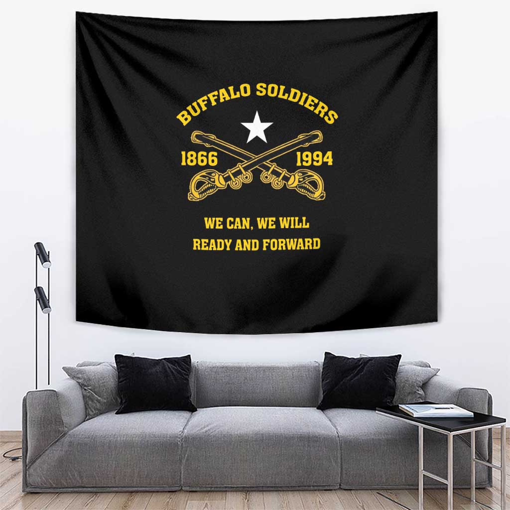 Black wall tapestry with Buffalo Soldiers logo, white star, and yellow “READY AND FORWARD”