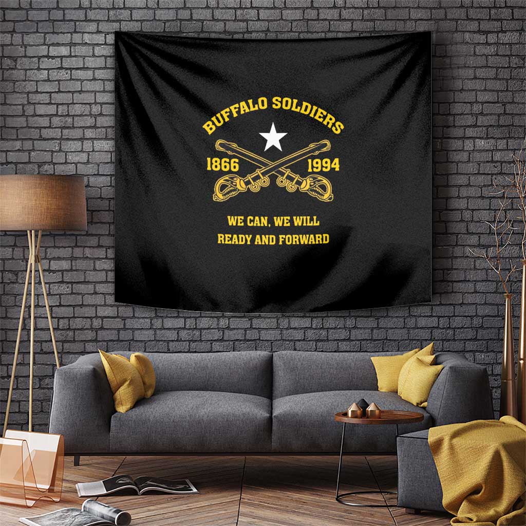 Black Buffalo Soldiers wall tapestry with star, crossed drums, and yellow lettering