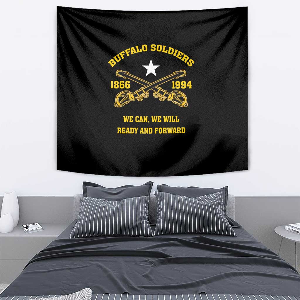Black Buffalo Soldiers tapestry featuring a white star and yellow “WE CAN, WE WILL” text