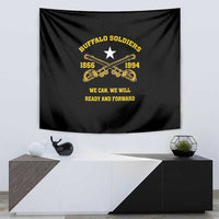 Black wall tapestry with Buffalo Soldiers emblem, white star, and “READY AND FORWARD”