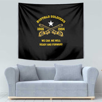 Black Buffalo Soldiers tapestry with star, “1866” and “1994,” and yellow message text