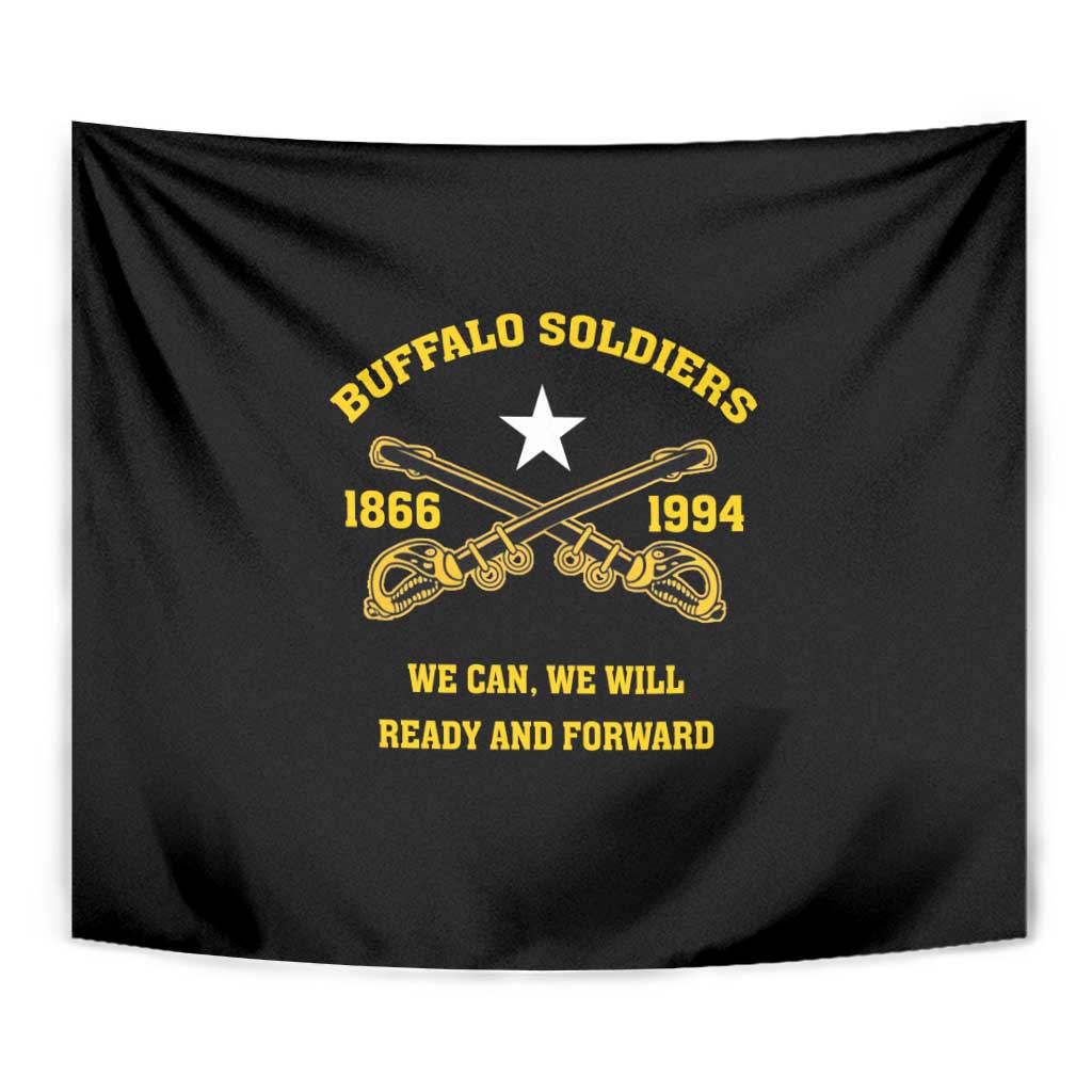 Black Buffalo Soldiers tapestry close view with white star, crossed drums, and “WE CAN, WE WILL”