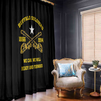 Black window curtain panel with gold Buffalo Soldiers emblem, star, and rifles