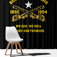 Black window curtain panel with gold Buffalo Soldiers print, star, and rifles