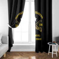 Black window curtain panels with gold emblem and star centered on the window