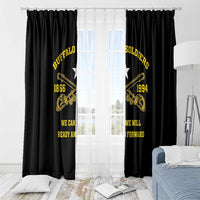 Black window curtain pair with gold Buffalo Soldiers print, rifles, and star emblem