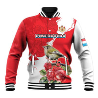 Red baseball jacket with floral roses, bird graphic, white sleeves, striped rib trim