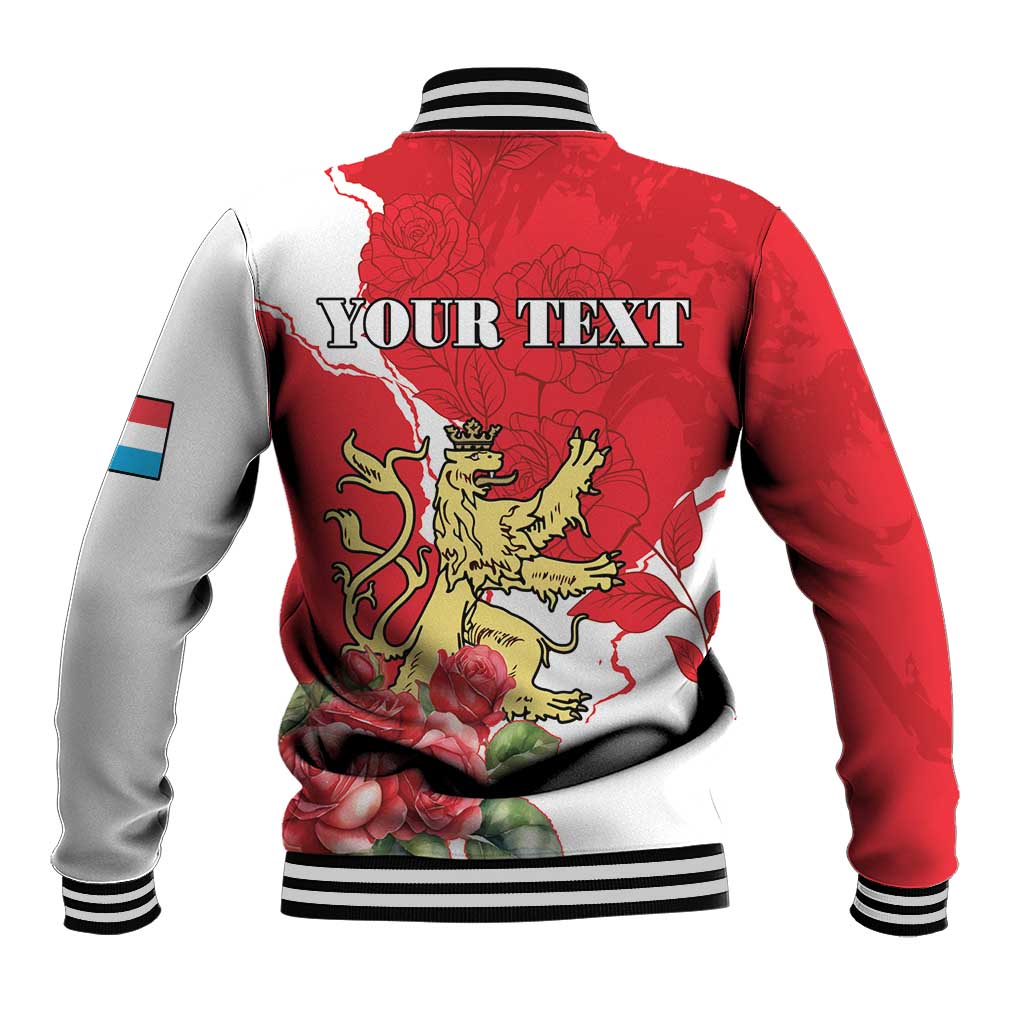 Red baseball jacket back with lion crest and roses, striped rib collar and cuffs