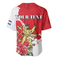 Red and white personalized baseball jersey back with 'YOUR TEXT', lion, roses