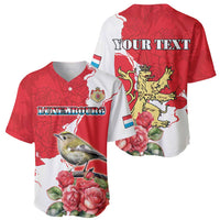 Red and white baseball jersey shown front and back with Luxembourg crest and roses