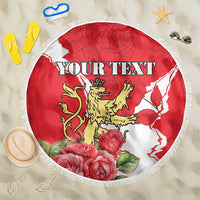 Round red and white beach blanket with fringe edge, lion crest, roses, 'YOUR TEXT'