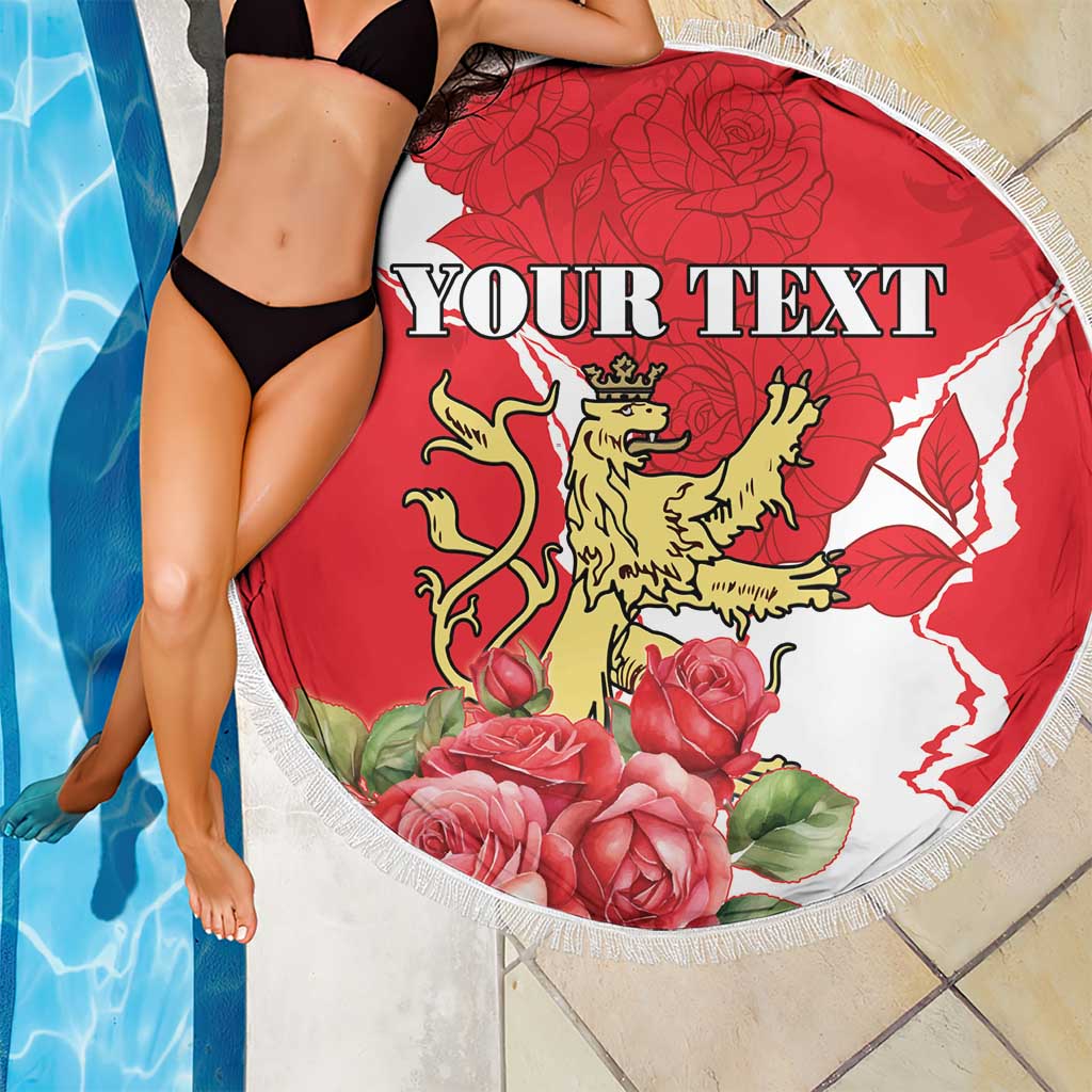 Round red and white beach blanket with fringe edge, lion crest, roses, 'YOUR TEXT'