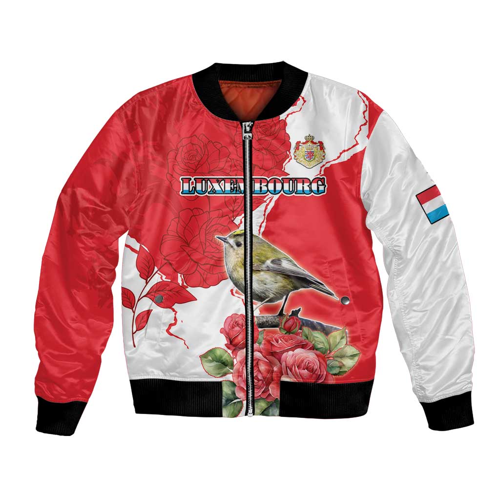 Red and white bomber jacket with rose graphics, zipper front, ribbed cuffs and hem