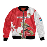 Red and white bomber jacket with rose graphics, zipper front, ribbed cuffs and hem