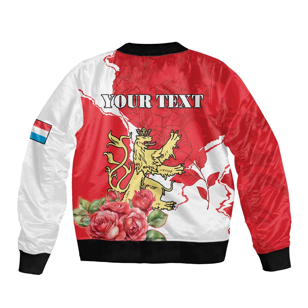 Red and white bomber jacket with lion crest, rose flowers, 'YOUR TEXT' on back, ribbed hem