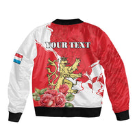 Red and white bomber jacket with lion crest, rose flowers, 'YOUR TEXT' on back, ribbed hem
